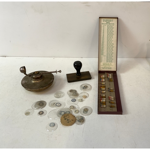 780 - Brass Document Stamp and Watch Lenses etc