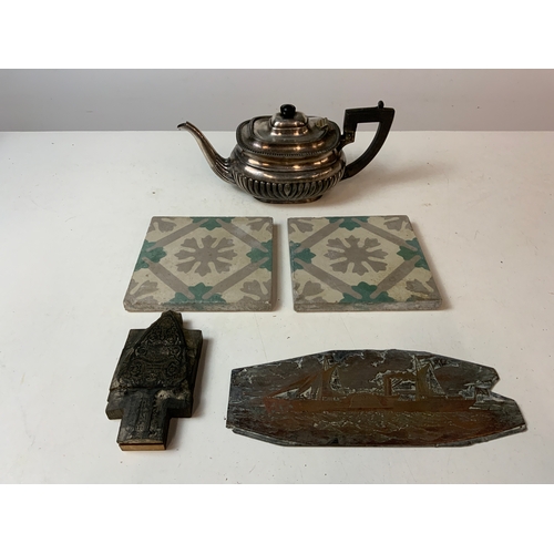 515 - Vintage Tiles, Plated Teapot and Copper Etching etc