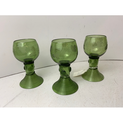 832 - Free Blown German Etched Roemer Wine Glasses