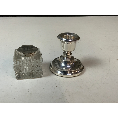 821 - Silver Dwarf Candlestick and Silver Topped Inkwell