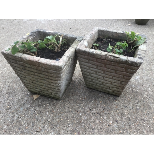 86 - Pair of Brick Form Concrete Planters and Contents