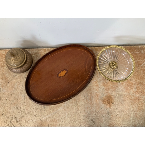 152 - Small Inlaid Tray, Glass Comport and Brass Pot