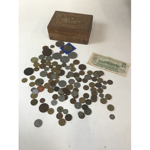 766 - Treen Box and Contents - Coins etc