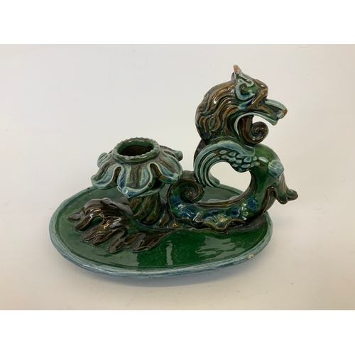 52 - Barnstaple Art Pottery - C H Brannam - Beauchamp Whimple 1898 - Grotesque Lion Barum Candlestick - F... 