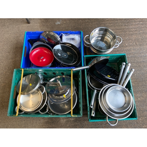 414 - Large Quantity of Saucepans and Pressure Cooker etc - Crate Not Included