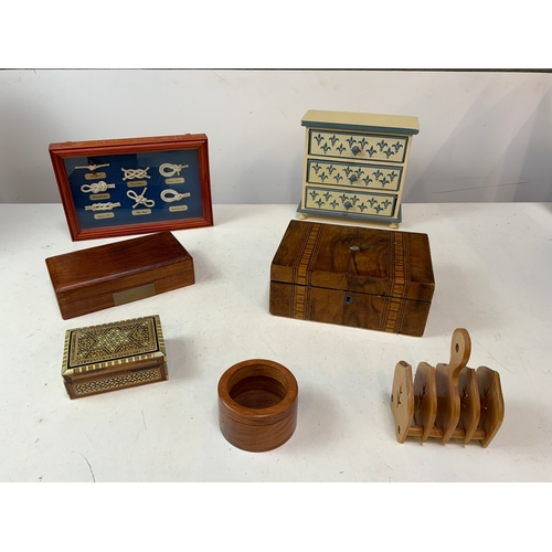 575 - Framed Knot Picture and Treen Boxes etc