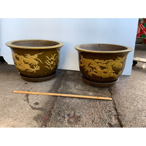 35 - Pair of Large Glazed Garden Planters with Chinese Decoration