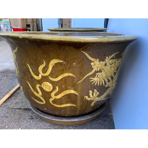 35 - Pair of Large Glazed Garden Planters with Chinese Decoration