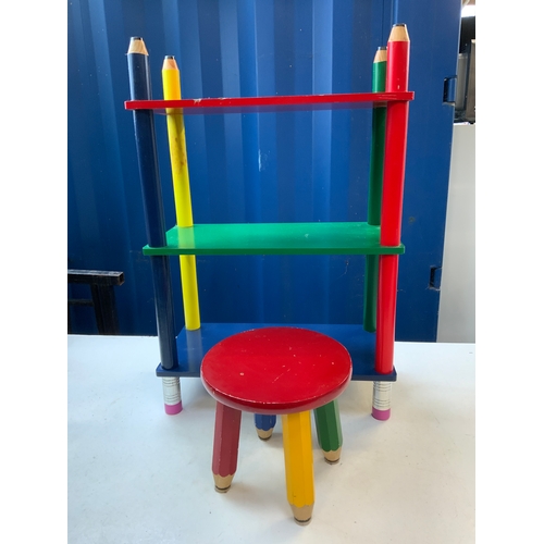 329 - Child's Pencil Bookshelf and Stool