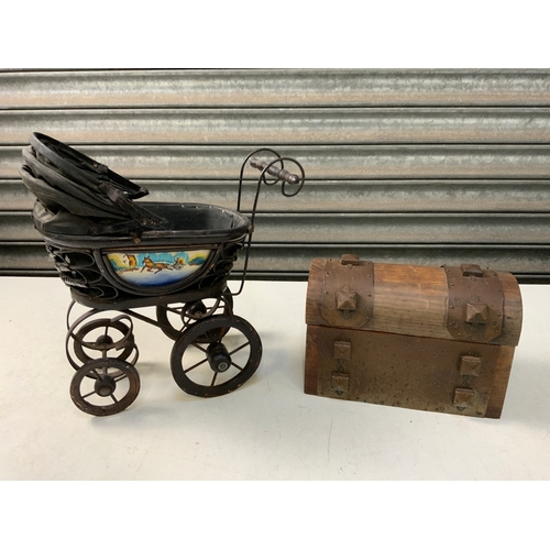 207 - Miniature Pram and Treen Box