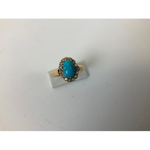 83 - Antique Turquoise and Old Cut Diamond Ring - Tests as 18ct Gold - Size Q