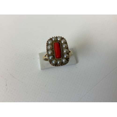 39 - 9ct Gold Pearl and Coral Ring - Size N