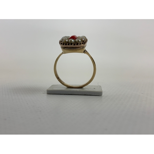 39 - 9ct Gold Pearl and Coral Ring - Size N