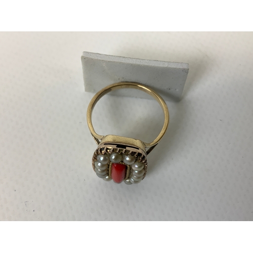 39 - 9ct Gold Pearl and Coral Ring - Size N