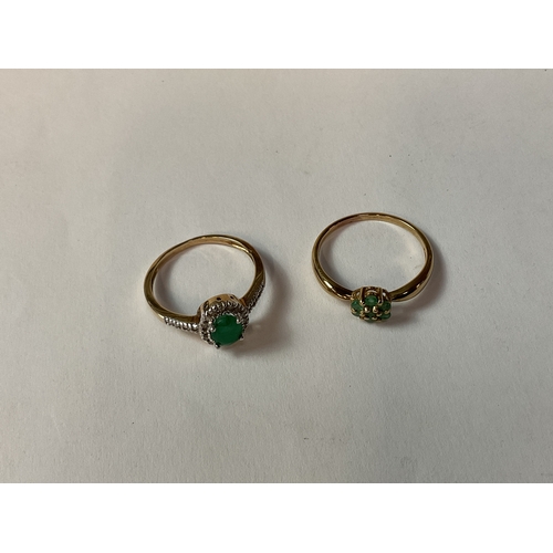 838 - 2x Rings with Green Coloured Gemstones - One with Diamond Accents - Unmarked but Both Tested as 9ct ... 