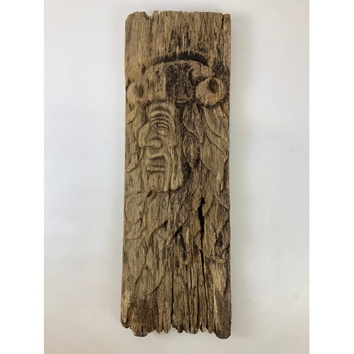 18 - Hardwood Antique Weathered Carving of Green Man - 82cm x 28cm