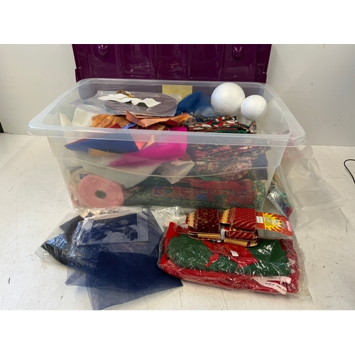 211 - Storage Box and Contents - Fabric, Ribbon and Other Sewing Items