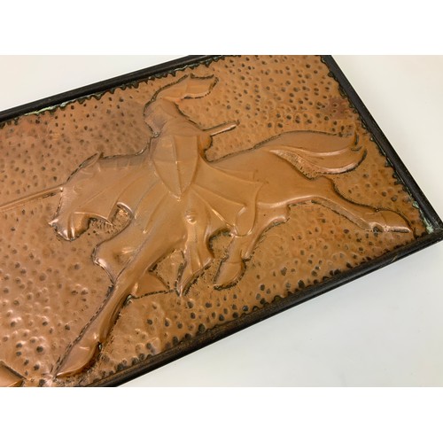 592A - Large Arts and Crafts Copper Wall Plaque depicting Knight on Horse Back - Signed to Back Kenneth Cam... 