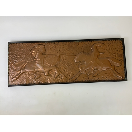 592A - Large Arts and Crafts Copper Wall Plaque depicting Knight on Horse Back - Signed to Back Kenneth Cam... 