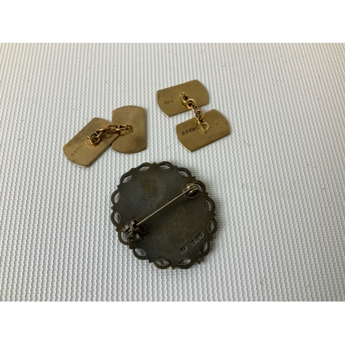 125 - Pair of 9ct Gold Cufflinks - 3.3g and Silver Brooch