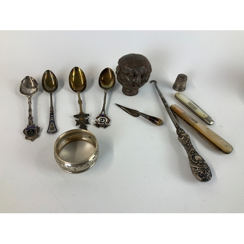 363 - Mixed Lot - Silver Spoons, Pocket Knives and Napkin Ring etc