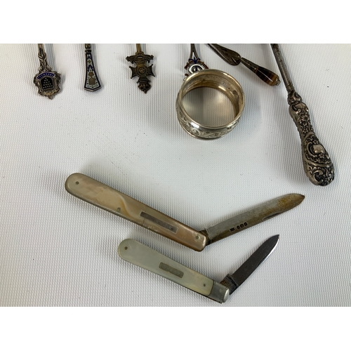 363 - Mixed Lot - Silver Spoons, Pocket Knives and Napkin Ring etc