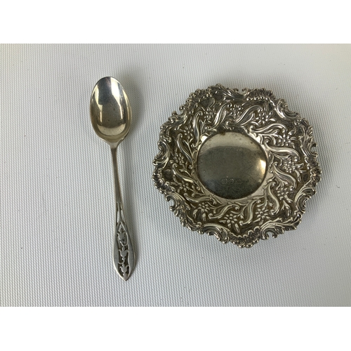 173 - Silver Dish with Foliate Decoration and Spoon - 37g