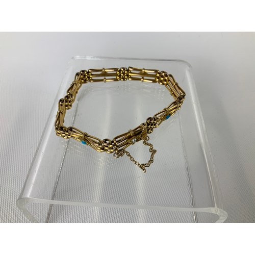 175 - Victorian 9ct Gold Turquoise and Pearl Gate Bracelet - 12g