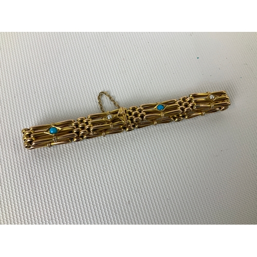 175 - Victorian 9ct Gold Turquoise and Pearl Gate Bracelet - 12g