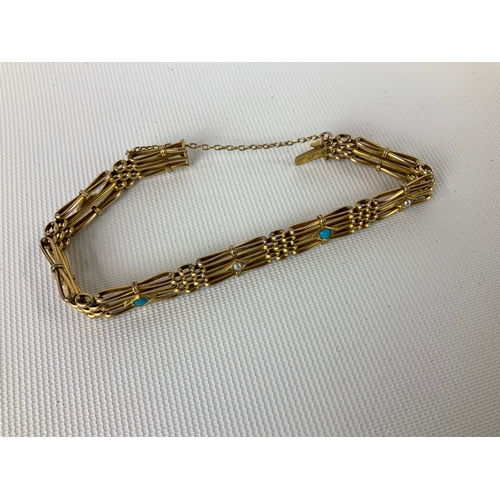 175 - Victorian 9ct Gold Turquoise and Pearl Gate Bracelet - 12g