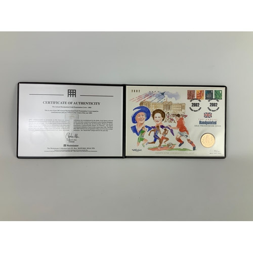 387 - Westminster Collection Annual Hand Painted Gold Presentation Cover for 2002 with Royal Mint Gold £5 ... 