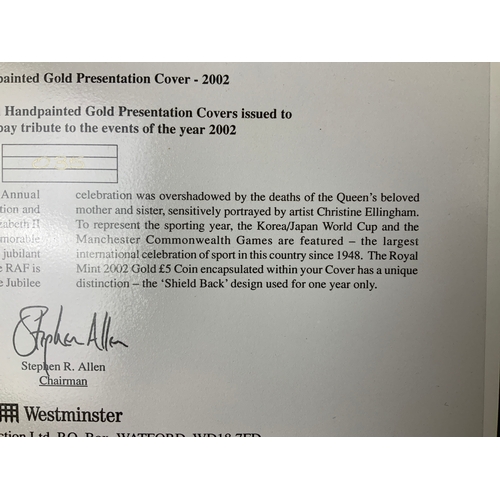 387 - Westminster Collection Annual Hand Painted Gold Presentation Cover for 2002 with Royal Mint Gold £5 ... 