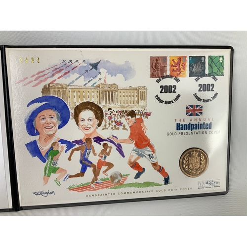 387 - Westminster Collection Annual Hand Painted Gold Presentation Cover for 2002 with Royal Mint Gold £5 ... 