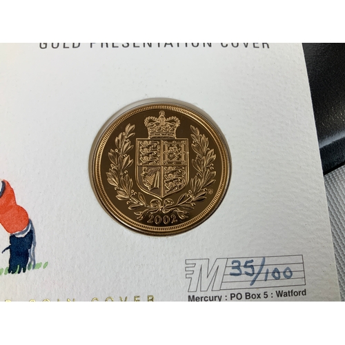 387 - Westminster Collection Annual Hand Painted Gold Presentation Cover for 2002 with Royal Mint Gold £5 ... 