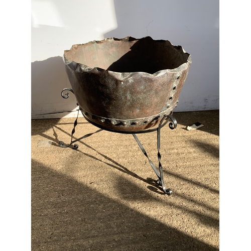 141 - Copper Bucket on Wrought Iron Stand
