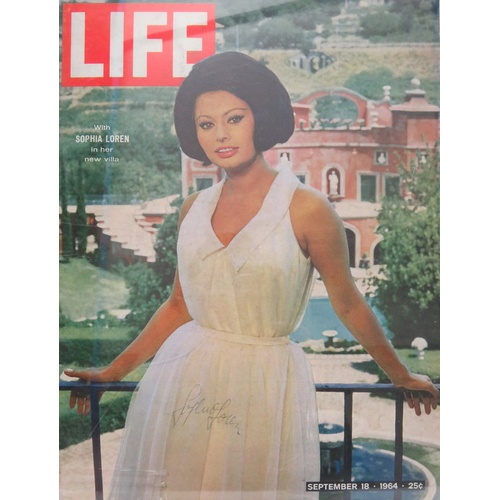 18 - Sophia Loren - signed Life Magazine, dated September 1964, framed and glazed. 33.5cms x 26cms