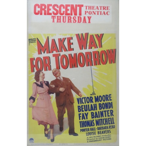 30 - Make Way For Tomorrow Pontiac Theatre Poster, Paramount Pictures, framed and glazed. 55cms x 35cms