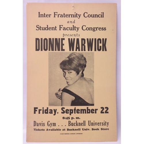 45 - Dionne Warwick Concert Poster for Bucknell University, Friday 22nd September 1968. 54.5cms x 35.5cms