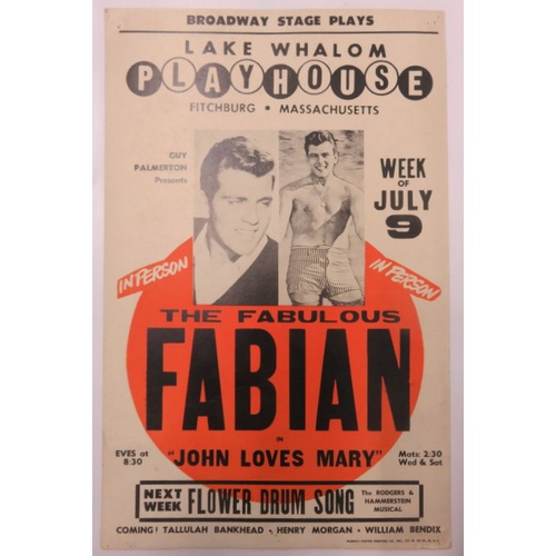 51 - Fabian Concert Poster for Lake Whalom Playhouse Massachusetts. 55.5cms x 35.5cms