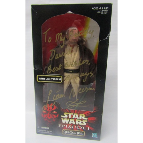 59 - Star Wars Episode 1 Qui-Gon Jinn figure signed on box “To My Buddy David best wishes always Liam Nee... 