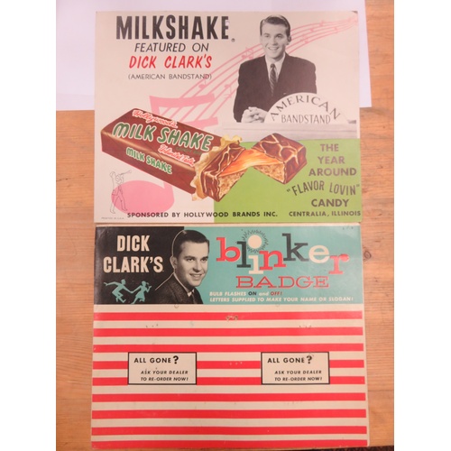 86 - Dick Clark two Dr Pepper Promo Boards, Dick Clark Blinker Badge 1959 promo card and Dick Clark Milks... 