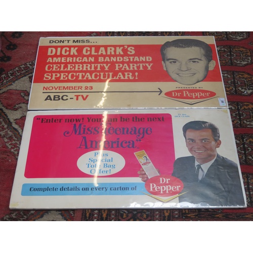 86 - Dick Clark two Dr Pepper Promo Boards, Dick Clark Blinker Badge 1959 promo card and Dick Clark Milks... 