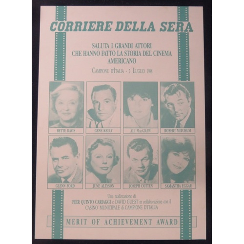 219 - Cased Corriere Della Sera Merit of Achievement 1988 Award features Betty Davis, Gene Kelly, Ali MacG... 