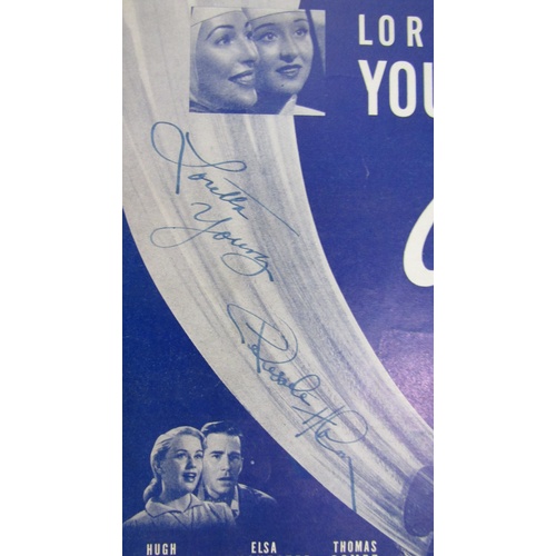 222 - Through A Long Sleepless Night Sheet Music signed by Loretta Young & Celeste Holm