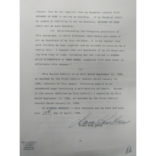 318 - Diana Ross Codicil dated August 5th 1983 To Will signed Diana Ross Naess (her married name) twice