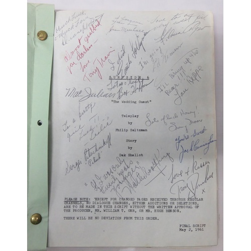 366 - Surf Side Wedding Guest Script May 2nd 1961 fully signed by cast members and Surf Side pennant (2)