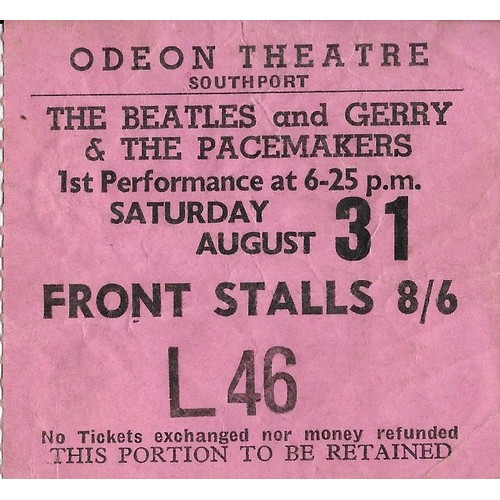 86 - The Beatles and Gerry and the Pacemakers ticket stub for Odeon Theatre Southport 31st August 1963