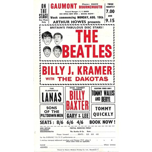 292 - The Beatles Gaumont Bournemouth 19th August 1963 Handbill complete with booking slip size approx 6” ... 