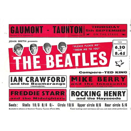 293 - The Beatles Gaumont Taunton 5th September 1963 handbill missing booking slip