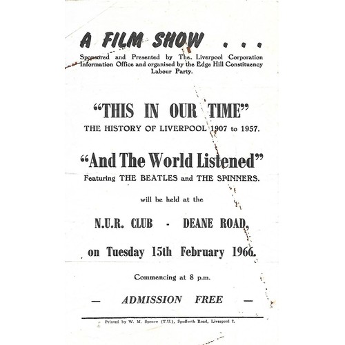 294 - Rare local Liverpool handbill advertising the short film And The World Listened featuring The Beatle... 